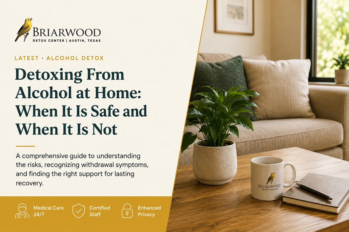 Briarwood Detox Center card reading "Detoxing From Alcohol at Home: When It Is Safe and When It Is Not", beside a living room with a Briarwood mug on a coffee table.
