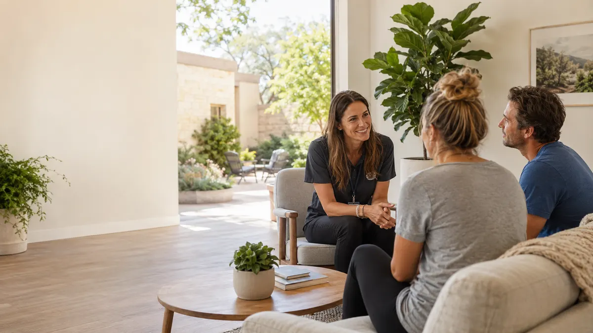 A staff member in dark scrubs sitting and talking with two residents in a bright common room opening onto a garden. Illustration, not a photograph of Briarwood staff, clients or premises.