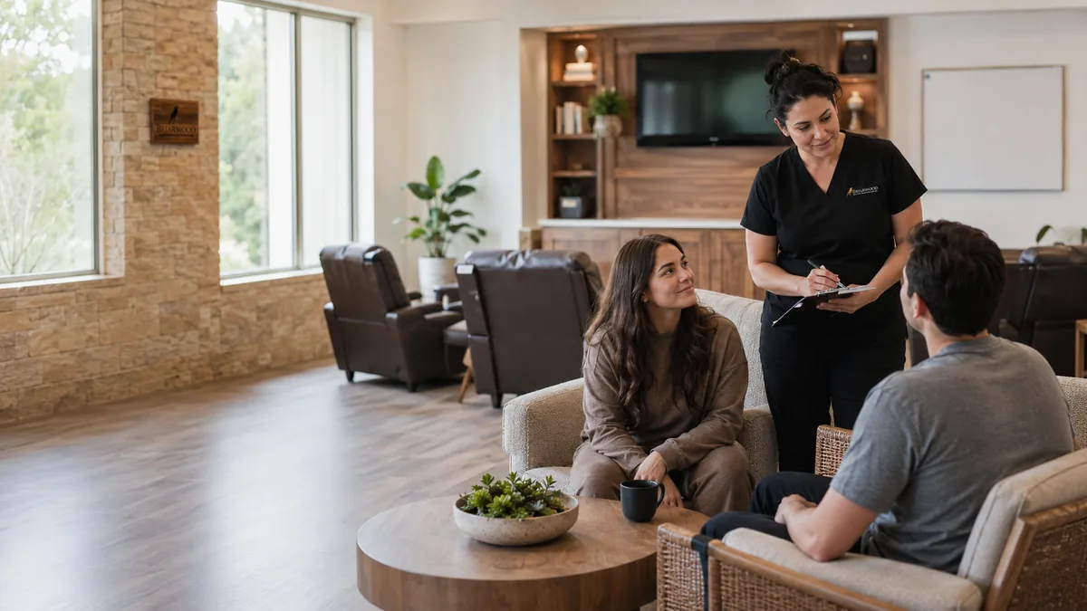 A staff member in black scrubs with a clipboard talking with two people seated in a treatment center lounge. Illustration, not a photograph of Briarwood staff, clients or premises.