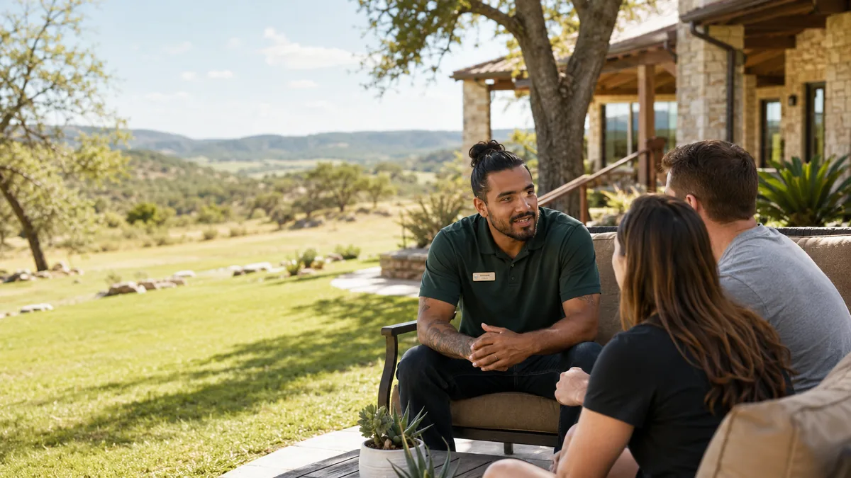 A staff member in a polo shirt sitting and talking with two people on a patio, with Texas Hill Country behind them. Illustration, not a photograph of Nova Recovery Center staff, clients or the Old Oaks Ranch campus.