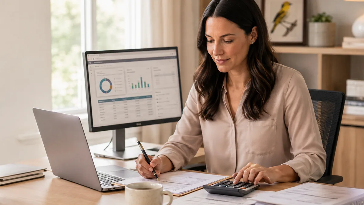 A person at a home-office desk reviewing claim forms with a calculator, a laptop and a dashboard on screen. Illustration, not a photograph of Nova Recovery Center staff or a real employee workspace.