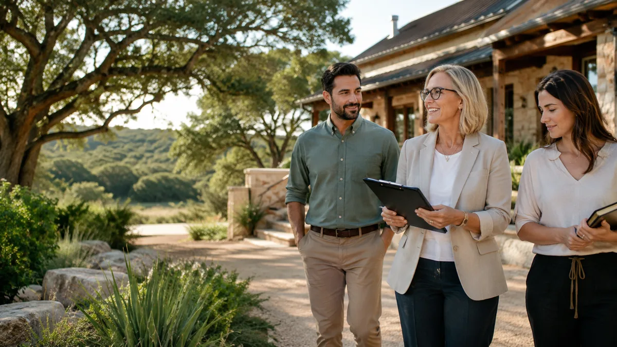 Three colleagues walking and talking outside a stone building in the Texas Hill Country, one holding a clipboard. Illustration, not a photograph of Nova Recovery Center staff or the Old Oaks Ranch campus.