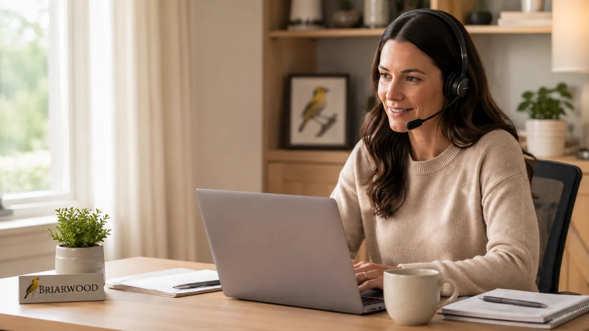 A person wearing a headset working at a laptop in a home office, with a coffee mug and a small Briarwood desk sign. Illustration, not a photograph of Briarwood staff or a real employee workspace.