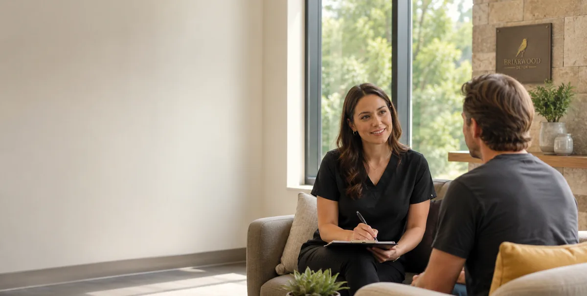A counselor in black scrubs taking notes during a one-to-one session in a naturally lit room. Illustration, not a photograph of Briarwood staff, clients or premises.
