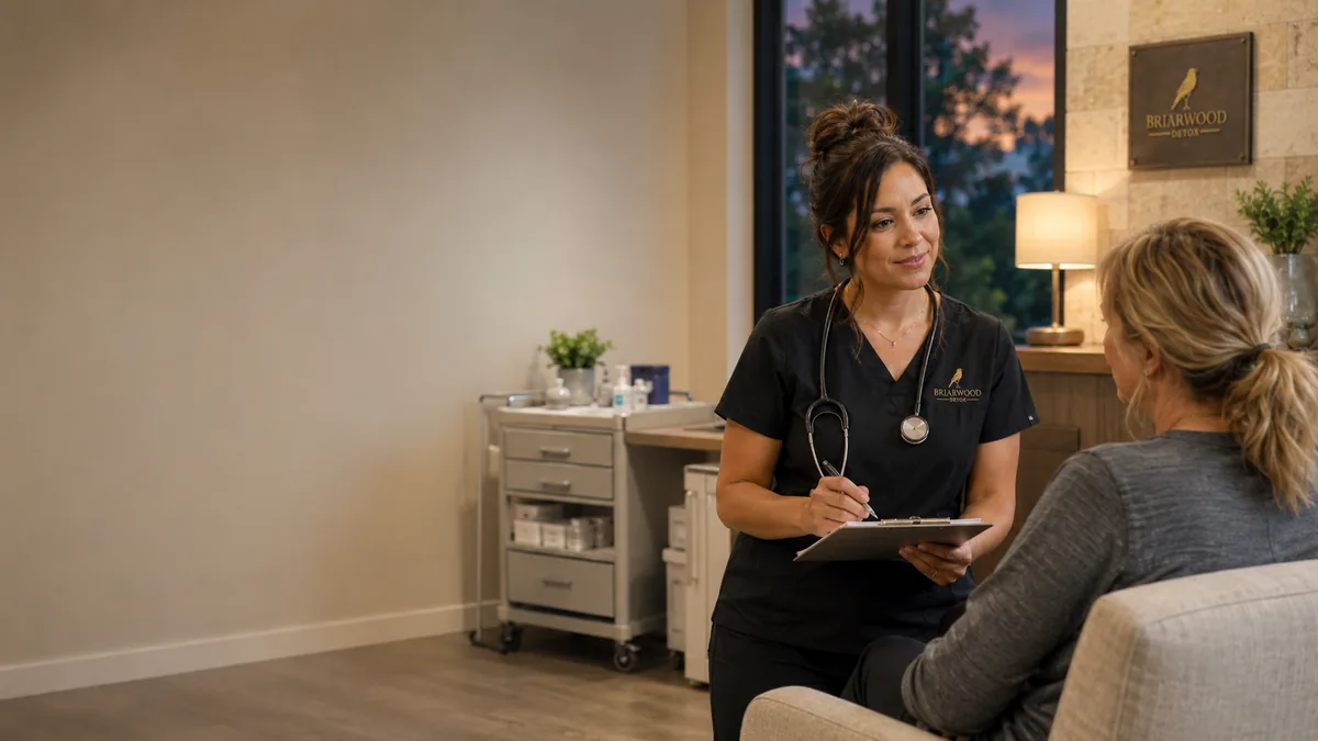 A nurse in black scrubs with a stethoscope, holding a clipboard, talking with a seated person in a treatment room at dusk. Illustration, not a photograph of Briarwood staff, clients or premises.