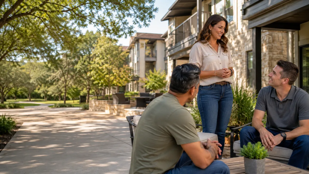 Three people talking in the landscaped courtyard of an apartment community, one standing and two seated. Illustration, not a photograph of Eudaimonia staff, residents or the Rustic Creek property.