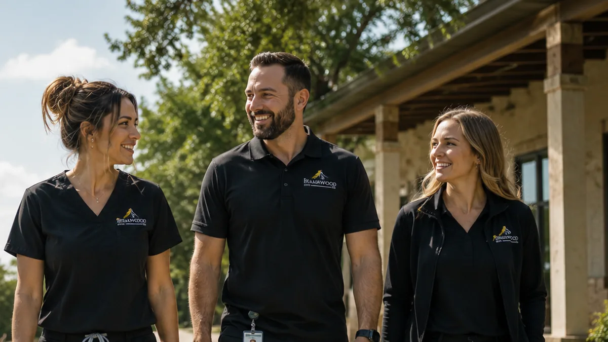 Three healthcare workers in black uniforms walking together outside a building on a sunny day. Illustration, not a photograph of Briarwood staff or a Briarwood location.