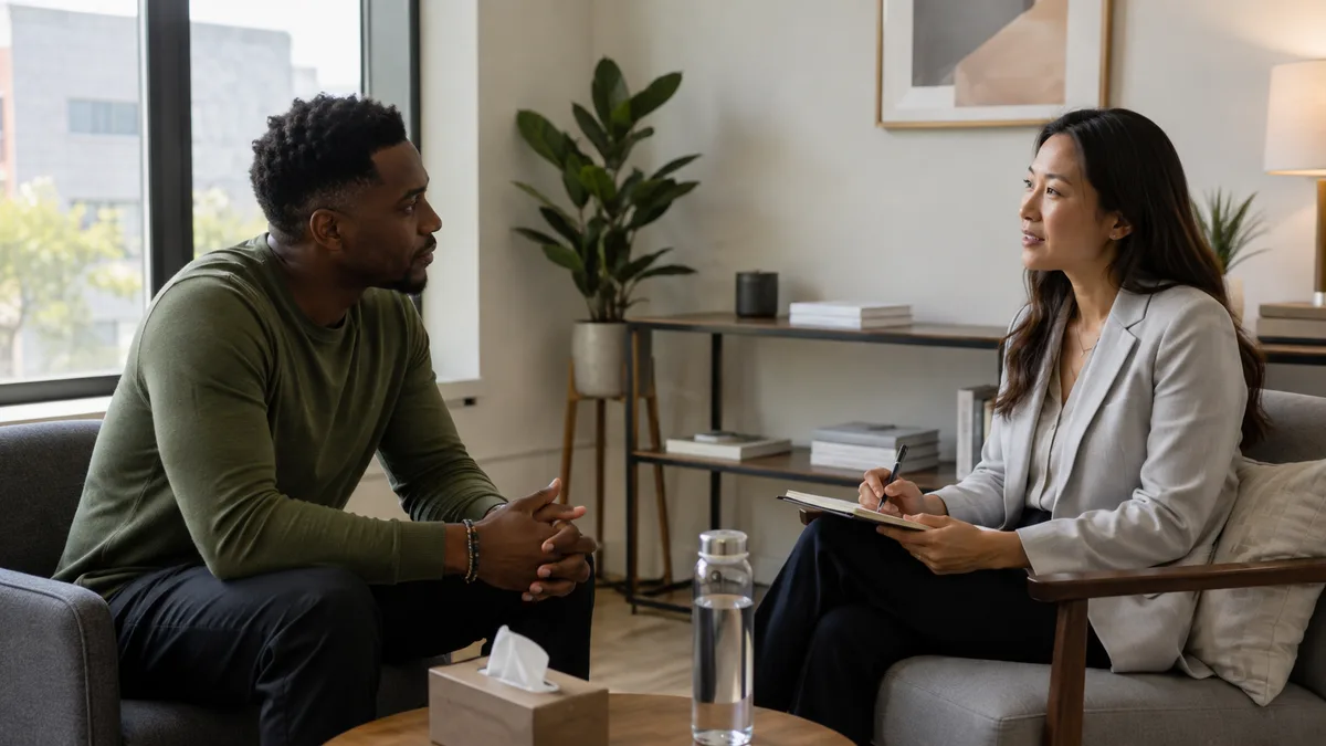 A counselor and a client seated across from each other in a one-to-one session in a treatment office