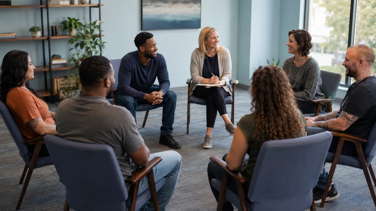 Seven people seated in a circle of armchairs in a bright treatment room, with a facilitator taking notes on a clipboard