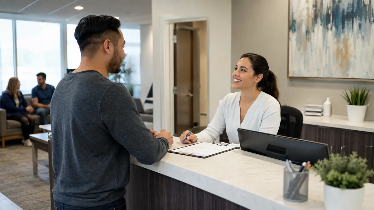 A man speaking with a receptionist at a treatment center admissions desk.