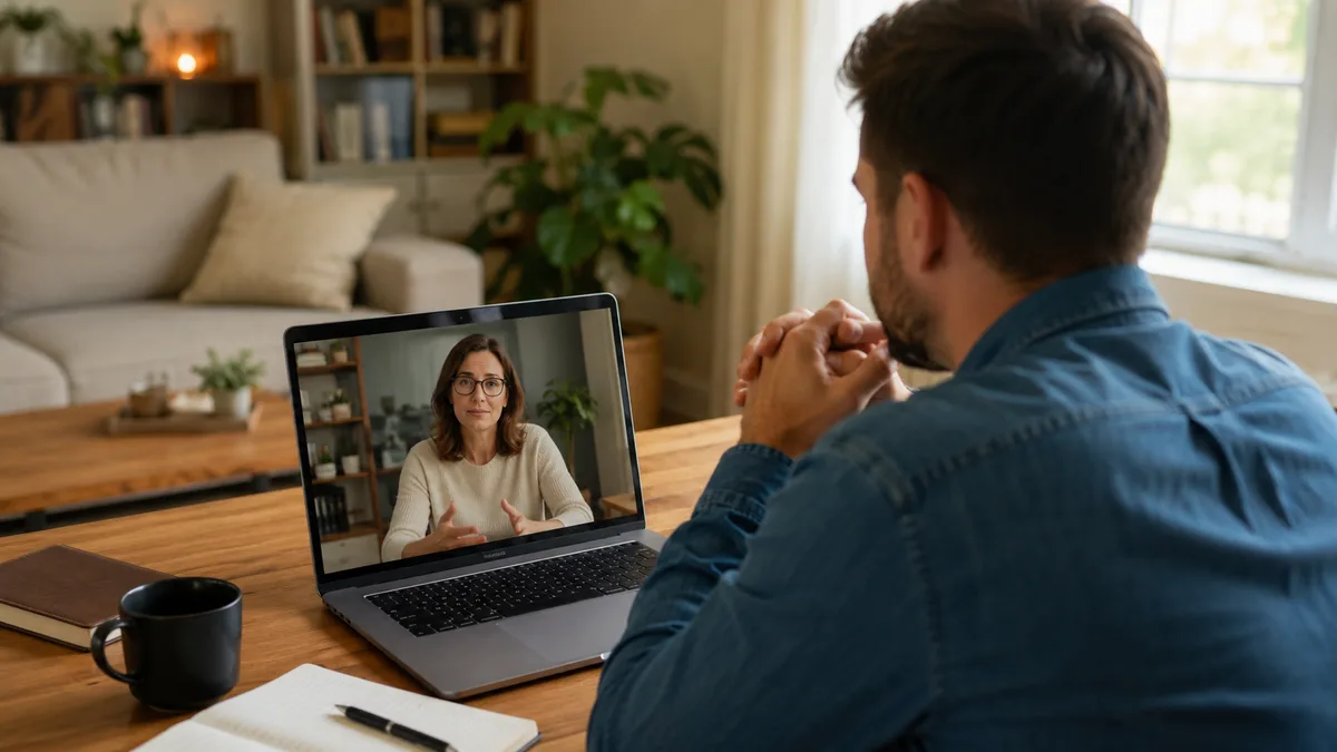 A man at a kitchen table speaking with a counselor on a laptop video call.