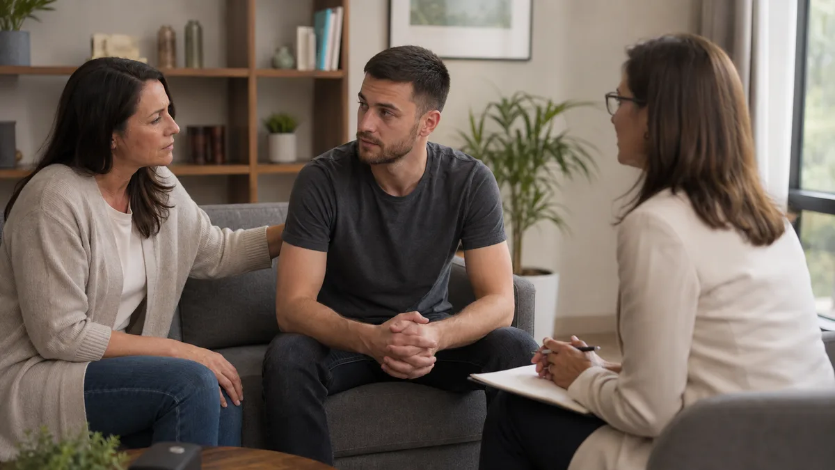 A woman sitting with a younger man and a counselor during a conversation in a treatment office