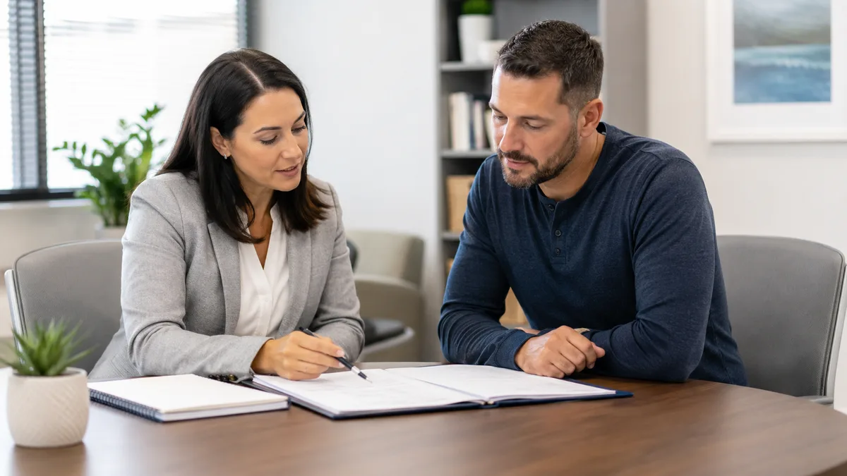 Two people sitting at a table reviewing a written plan together in a calm office.