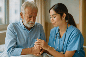 Healthcare provider holding the hand of a patient in a medical setting, symbolizing emotional support while preparing for detox.