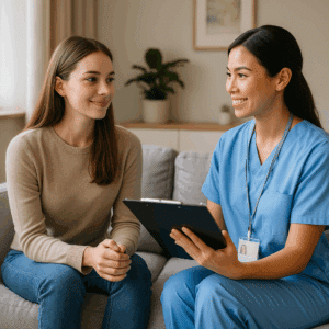 Compassionate counselor and young adult reviewing a plan together in a calm setting, symbolizing overdose prevention and post‑detox support.