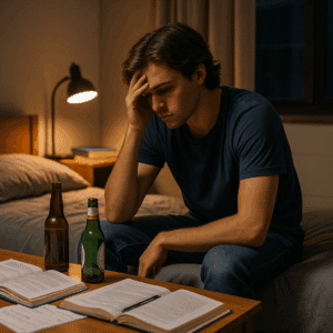 College-aged student sitting alone on a dorm room bed late at night, head in hand, books open but untouched, with empty alcohol bottles nearby, illustrating emotional distress and academic struggle.