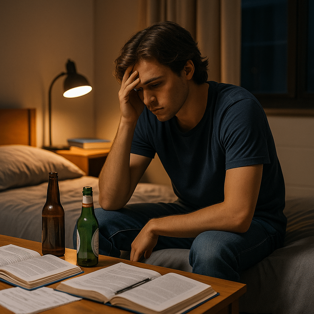 College-aged student sitting alone on a dorm room bed late at night, head in hand, books open but untouched, with empty alcohol bottles nearby, illustrating emotional distress and academic struggle.