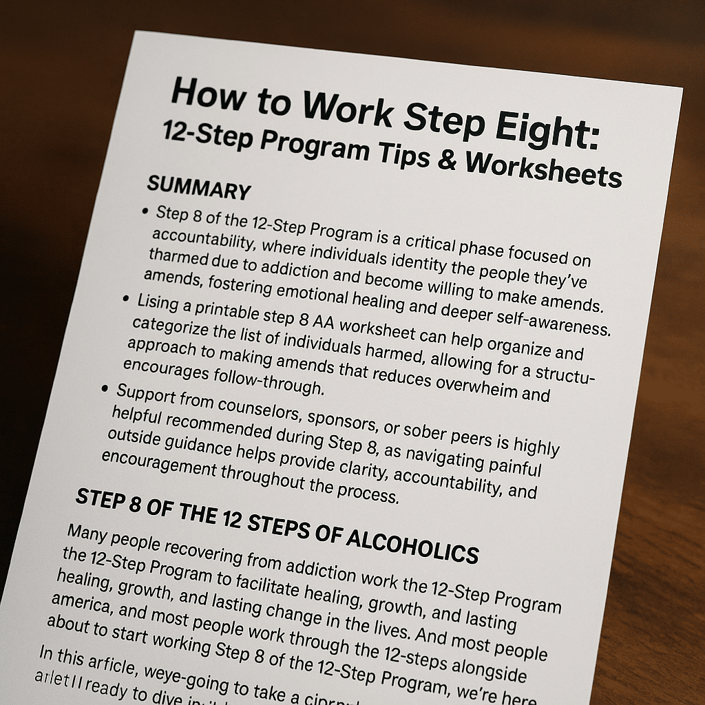 Printed guide titled “How to Work Step Eight” showing a summary of Step 8 in the 12-Step recovery program with actionable tips, including the use of a step 8 AA worksheet for people in outpatient rehab programs or sober living programs.