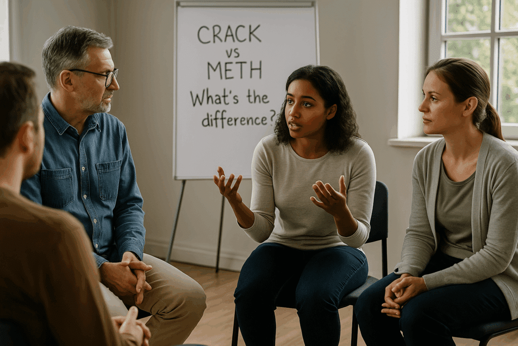A diverse therapy group discusses what is the difference between meth and crack, focusing on the crack vs meth debate in a supportive treatment setting.