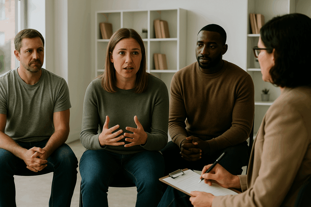 A woman in a therapy group discusses the side effects of whippits and abusing nitrous oxide, while others listen intently during a treatment program.