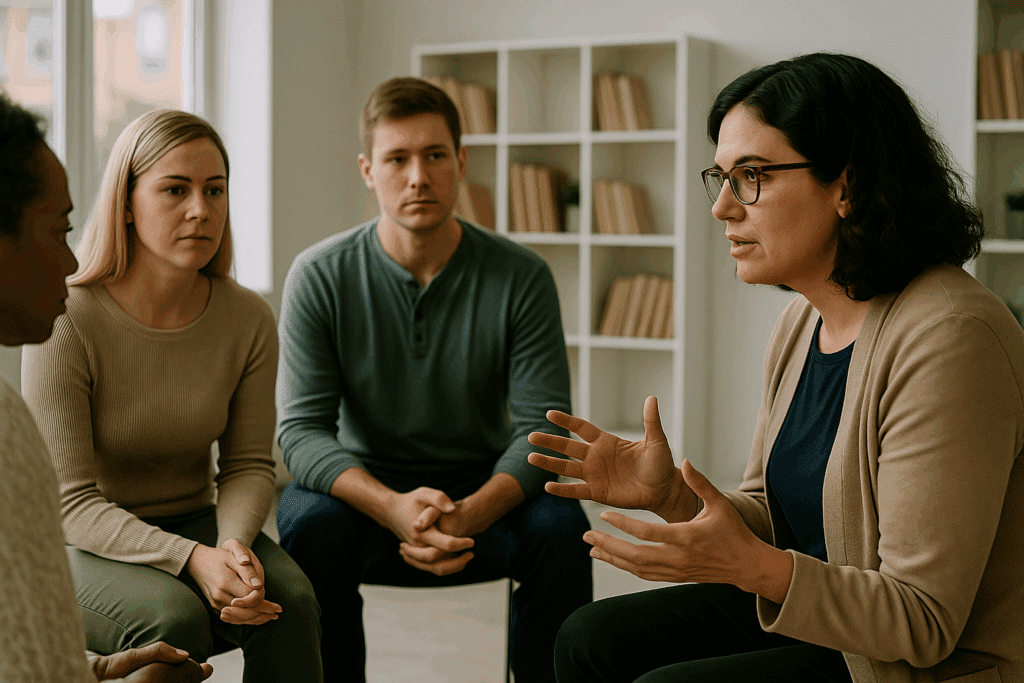 A counselor explains the risks of inhaling nitrous oxide and whippits during a support session on substance abuse problems.