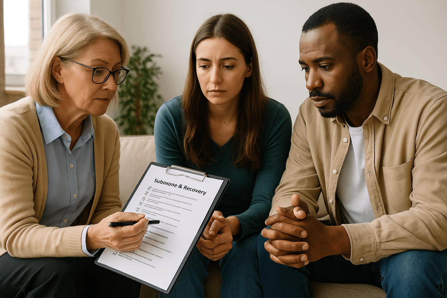 A counselor reviews a "Suboxone & Recovery" checklist with two clients, discussing suboxone side effects, long-term risks, and recovery options.