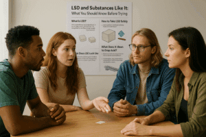 Four young adults attentively review a printed LSD safety guide titled “What You Should Know Before Trying,” discussing topics like how long does LSD last and how to take acid.