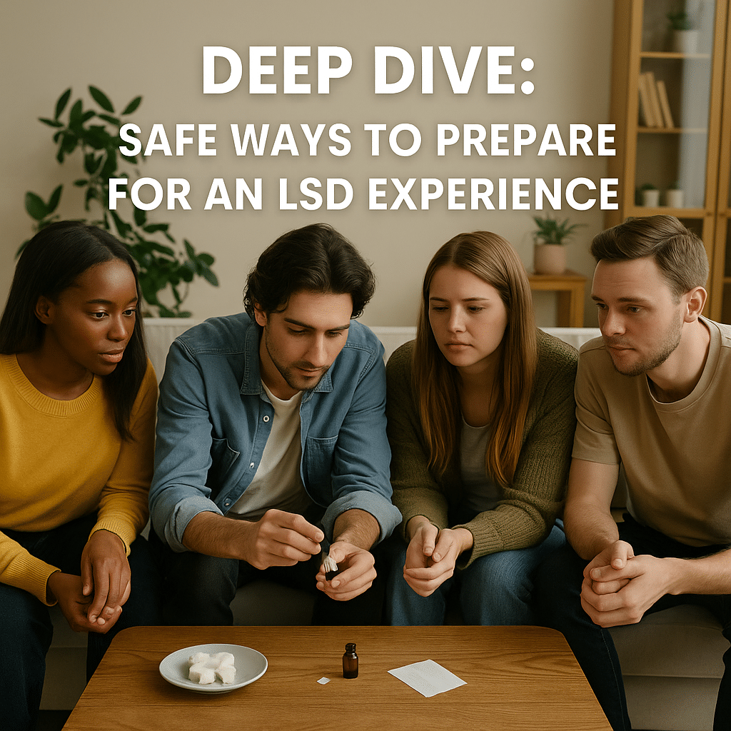 Four young adults sit together preparing for an LSD experience, examining blotter paper and liquid dropper, while discussing how to take acid, how long LSD lasts, and how to stay safe.
