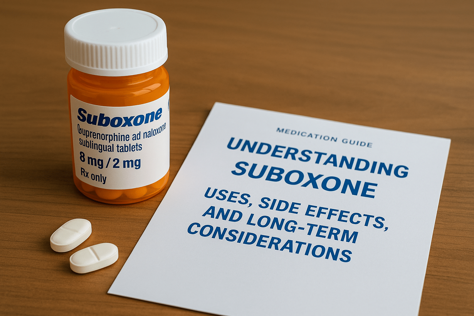 Prescription Suboxone bottle with two tablets and a medication guide discussing side effects and long-term use