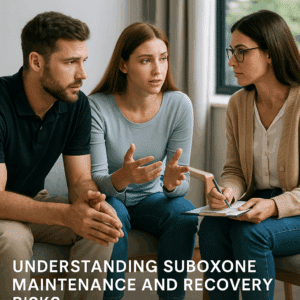 Three people in a recovery support session discussing Suboxone maintenance, Suboxone side effects, and safe treatment options