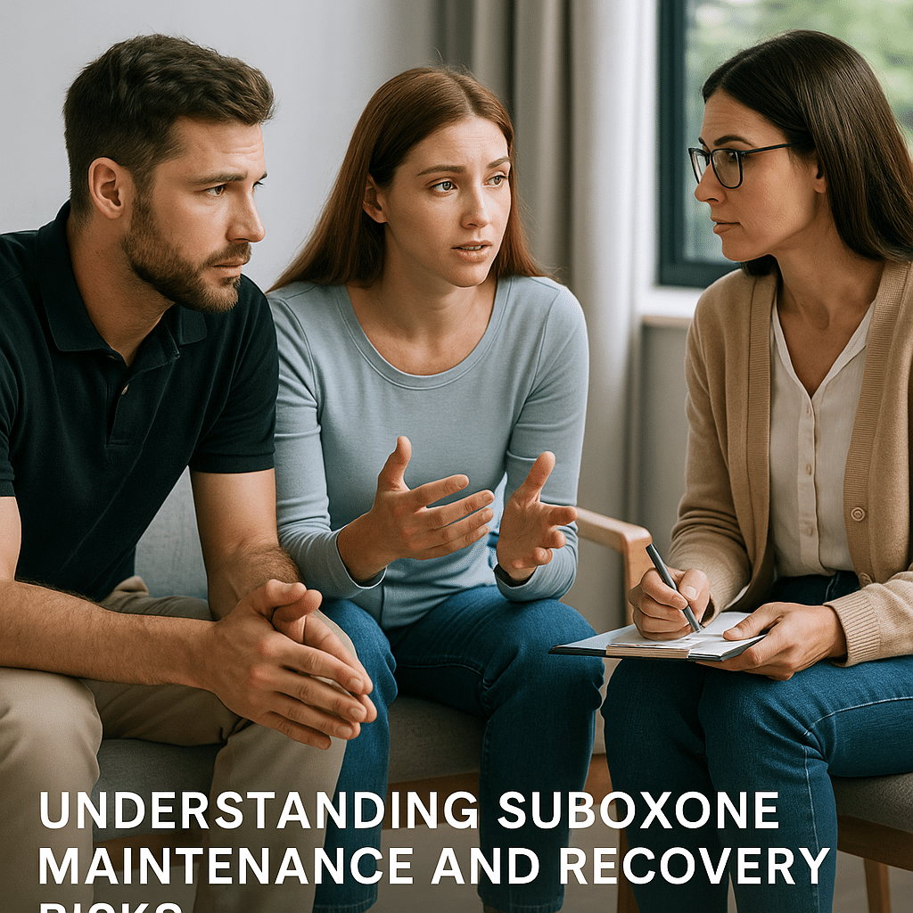 Three people in a recovery support session discussing Suboxone maintenance, Suboxone side effects, and safe treatment options