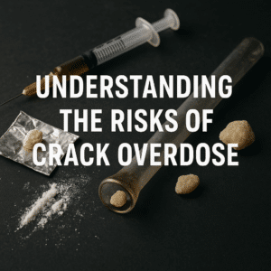 Used crack pipe and scattered rock-like substances illustrating the effects of crack use and the signs of a crack overdose, a growing public health concern linked to high blood pressure, rapid heart rate, and mental health disorders.