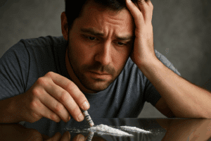 Distressed young man in a gray shirt prepares to use cocaine, reflecting the intense struggle with drug abuse and addiction and the urgent need for treatment options for cocaine addiction.
