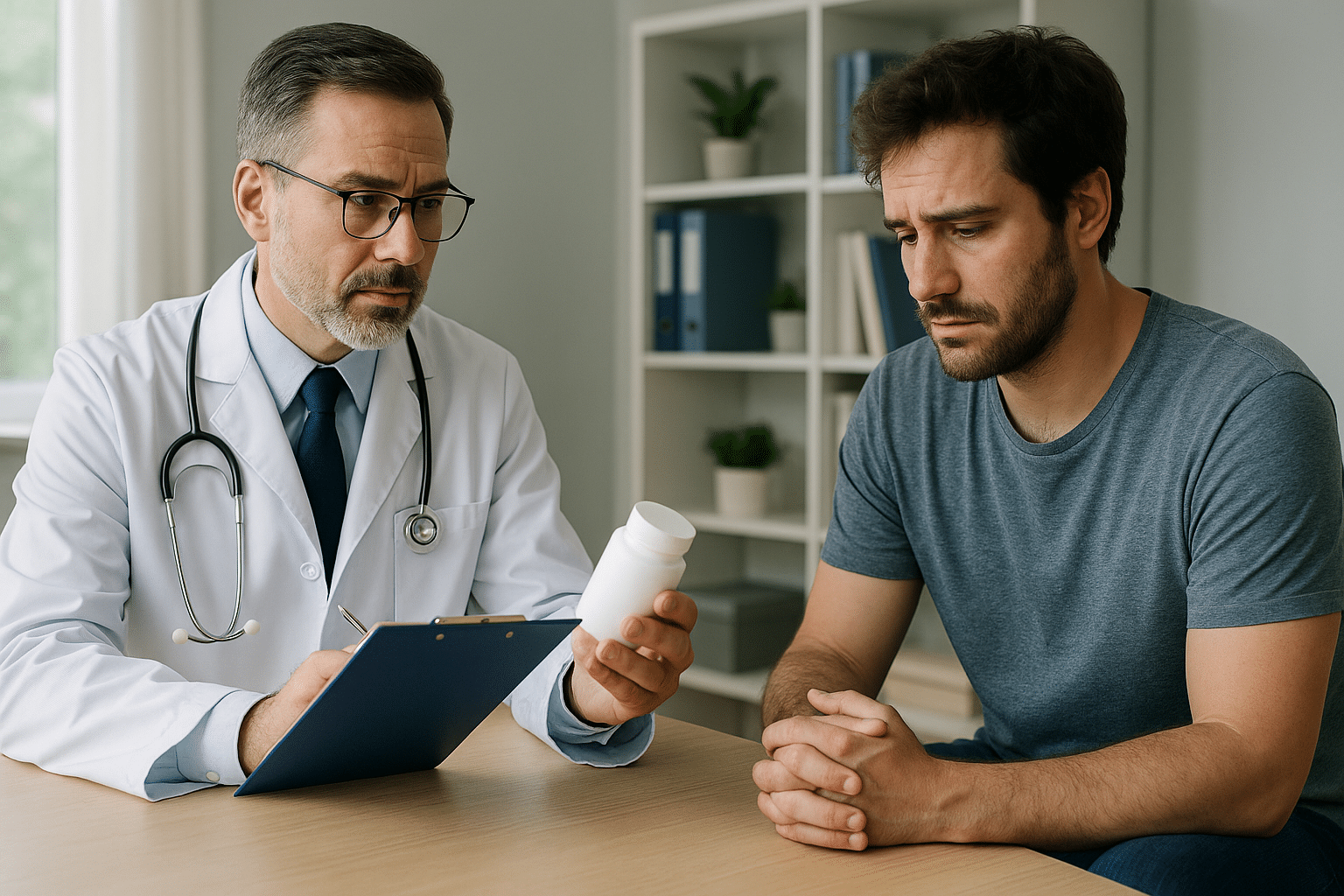 Doctor discussing muscle relaxer addiction with a concerned patient during a clinical consultation about prescribed muscle relaxers and withdrawal symptoms.