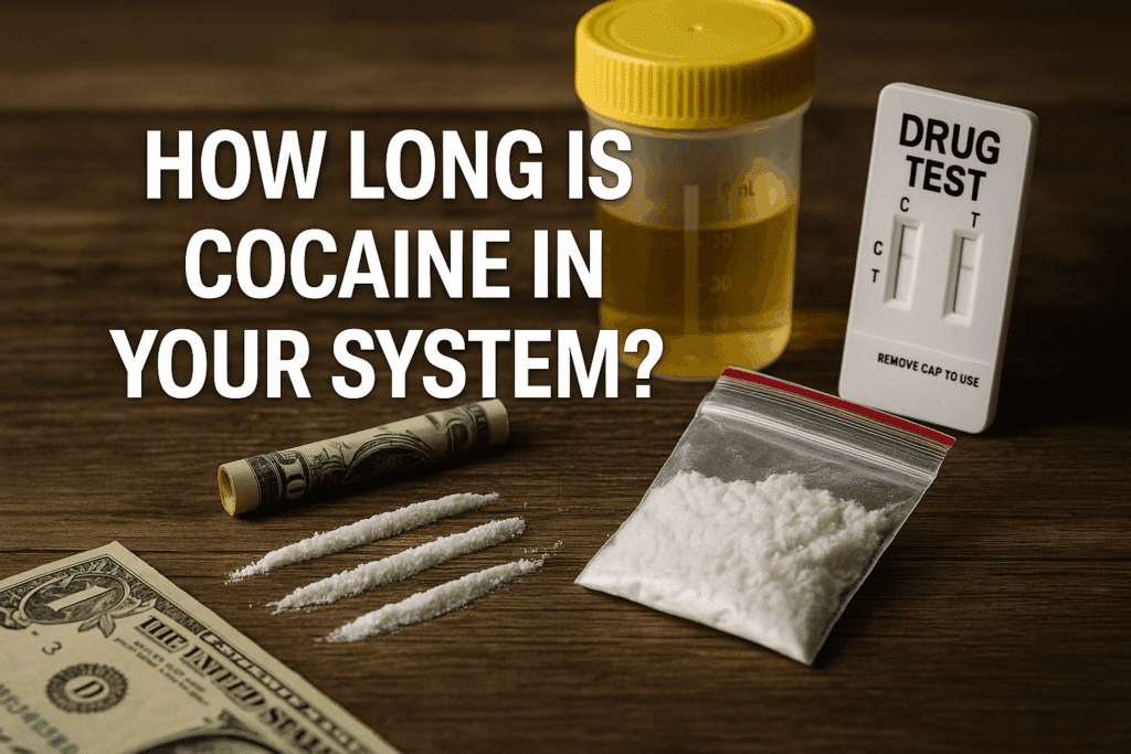 Drug test materials and a plastic bag of cocaine on a wooden surface with text that reads "How long is cocaine in your system?"