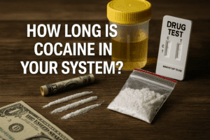 Drug test materials and a plastic bag of cocaine on a wooden surface with text that reads "How long is cocaine in your system?"