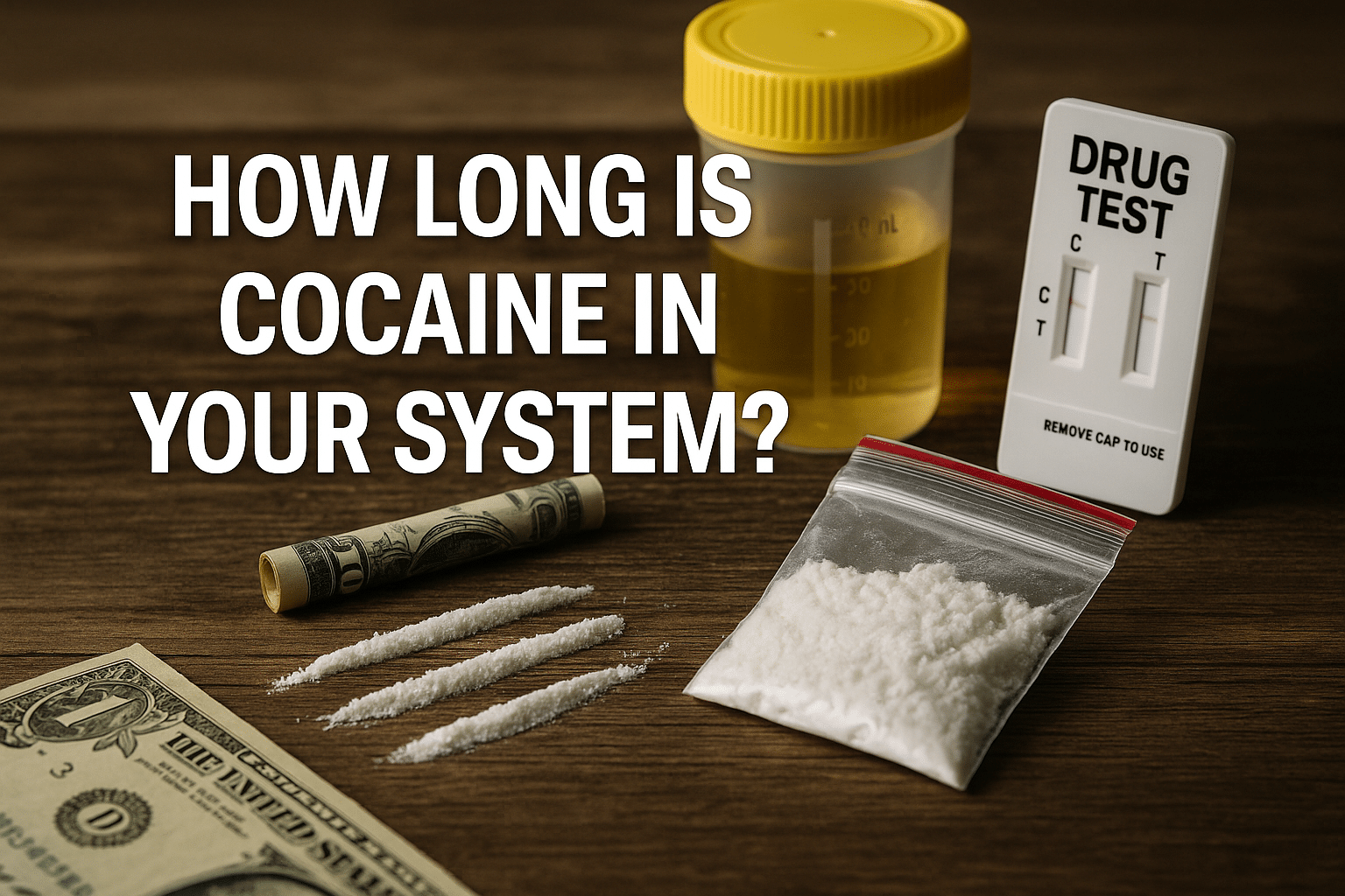 Drug test materials and a plastic bag of cocaine on a wooden surface with text that reads "How long is cocaine in your system?"