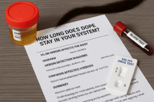 A realistic drug testing setup showing a urine sample cup, blood vial, hair strand, and saliva test kit on a wooden surface with a printed drug test summary sheet.