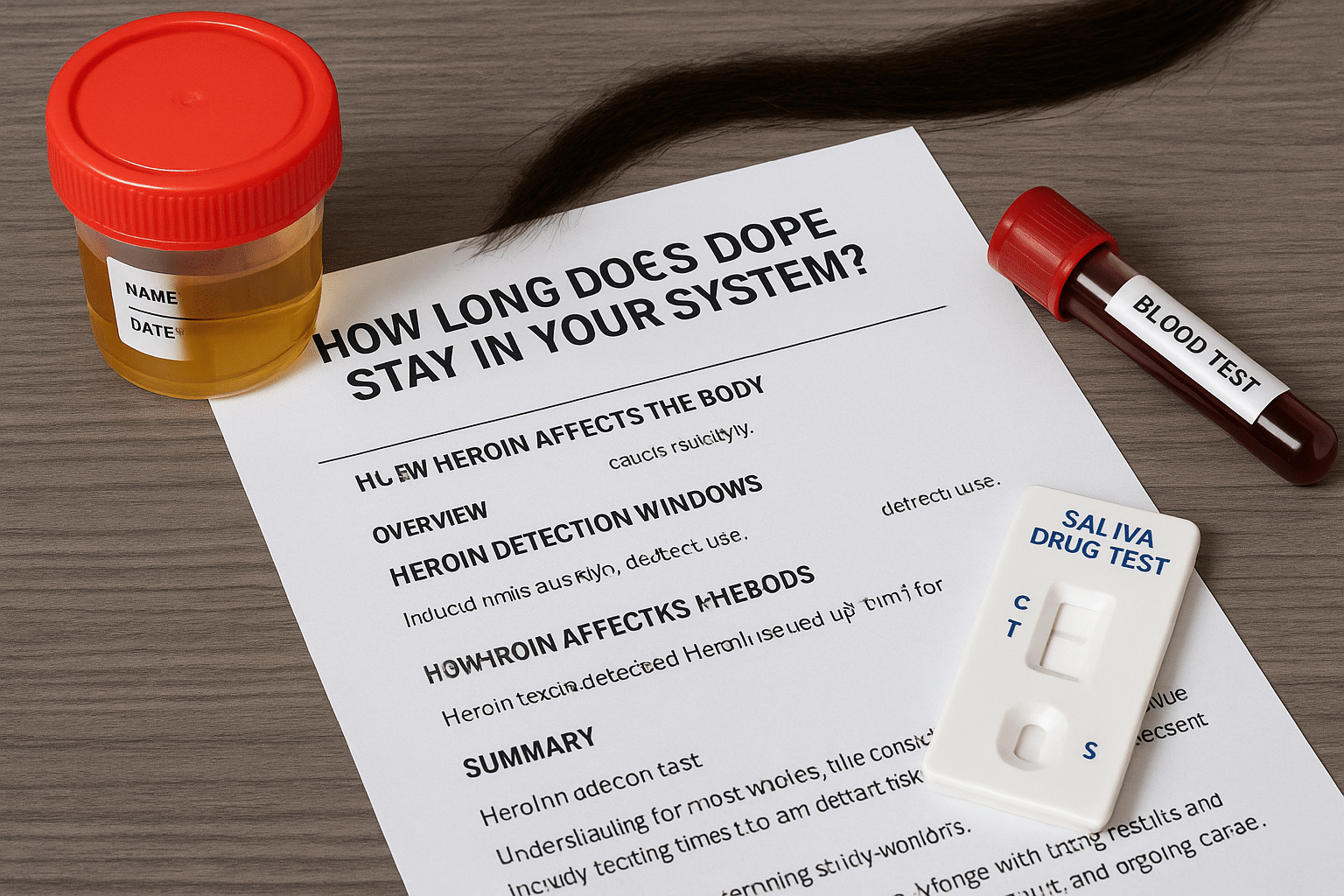 A realistic drug testing setup showing a urine sample cup, blood vial, hair strand, and saliva test kit on a wooden surface with a printed drug test summary sheet.