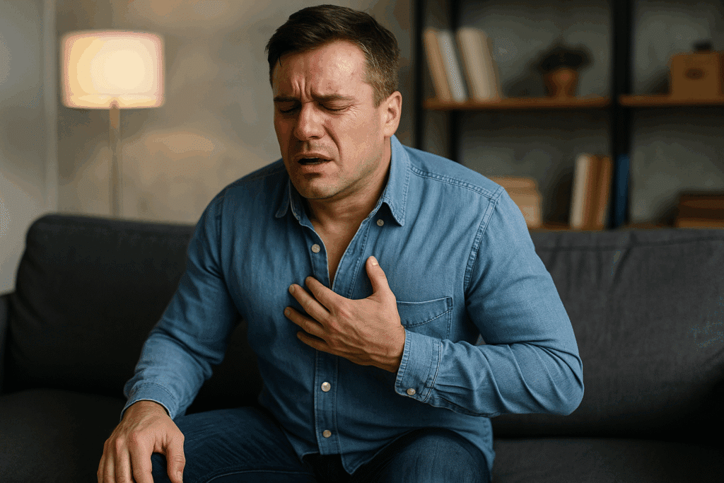 Man clutching chest while experiencing symptoms of a cocaine overdose, possibly due to cocaine use or heart disease.
