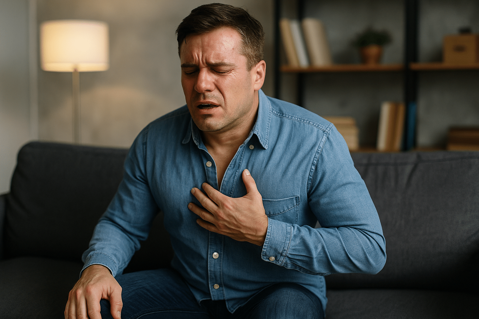 Man clutching chest while experiencing symptoms of a cocaine overdose, possibly due to cocaine use or heart disease.