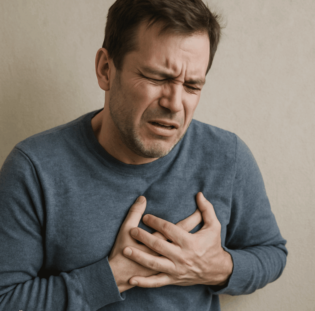 Man clutching his chest in pain, possibly experiencing heart-related symptoms or overdose distress.