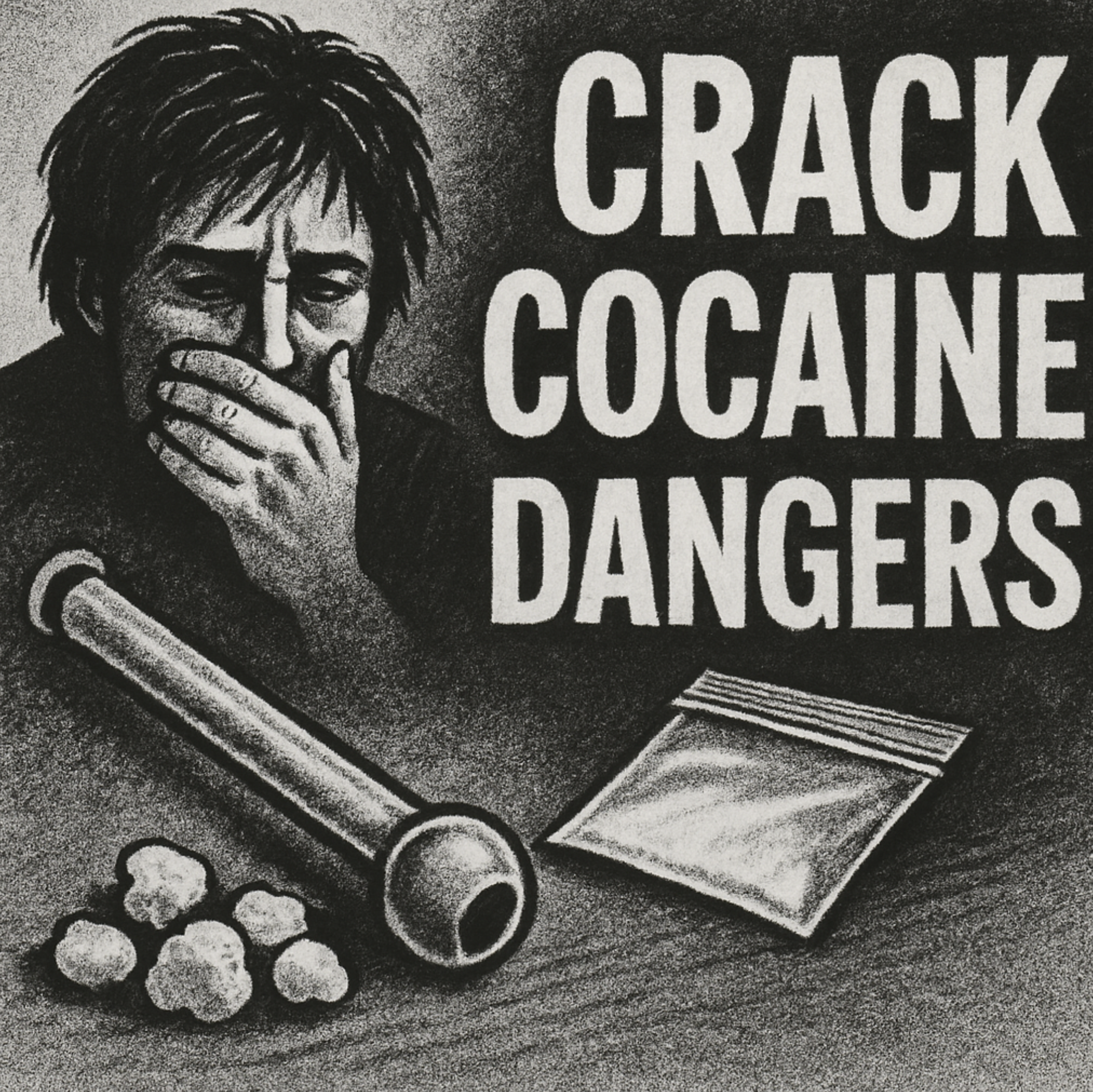 Illustration of a distressed person with crack cocaine paraphernalia and the words "Crack Cocaine Dangers"