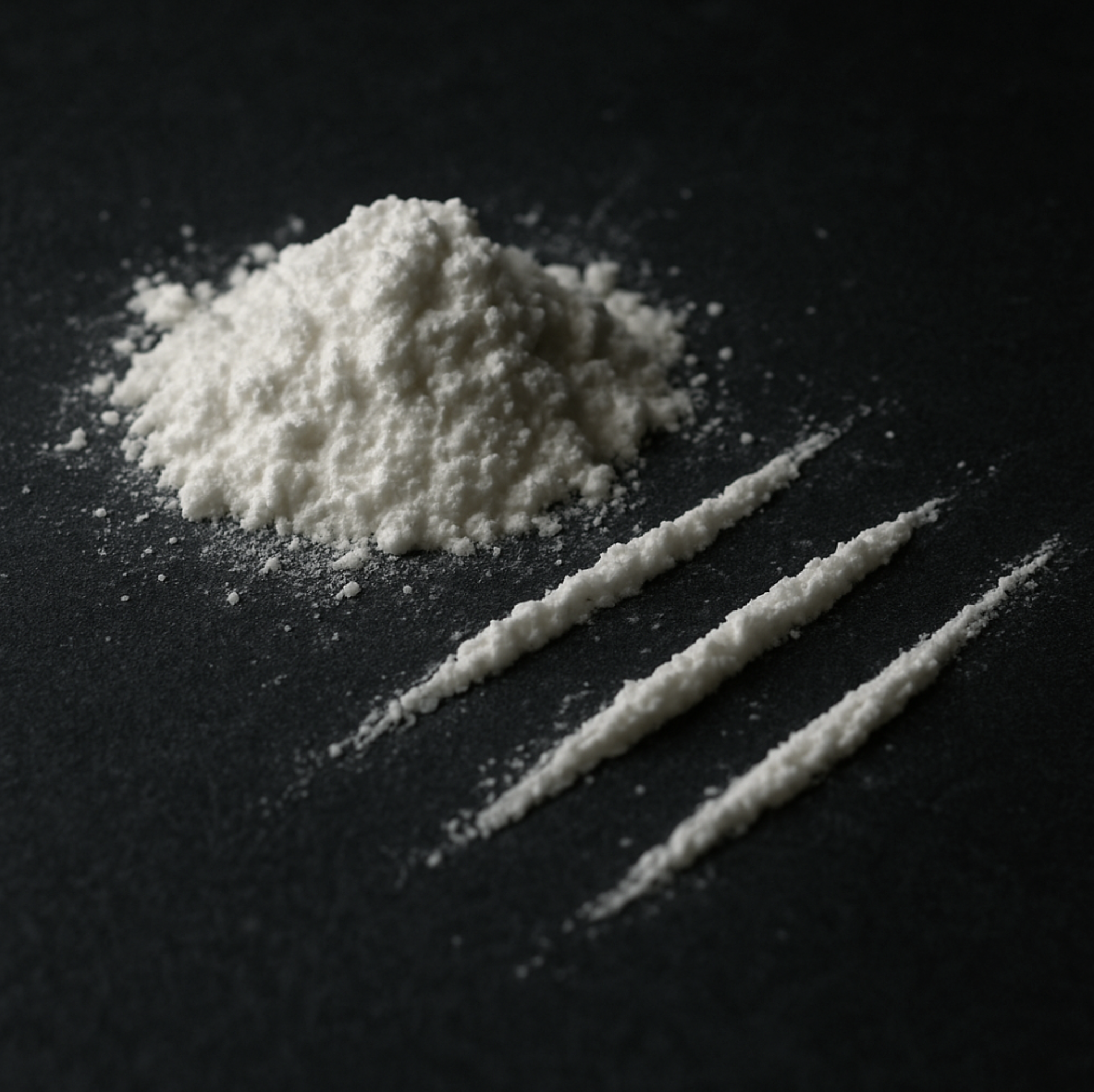 A close-up image of a pile of white powder next to three lines on a dark surface, representing the visual depiction of cocaine.