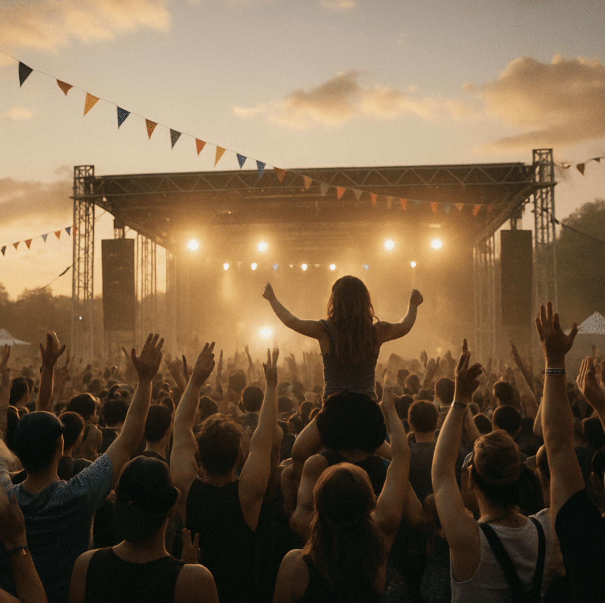 A large crowd at a music festival during sunset with a young woman on someone’s shoulders, celebrating near a brightly lit stage.