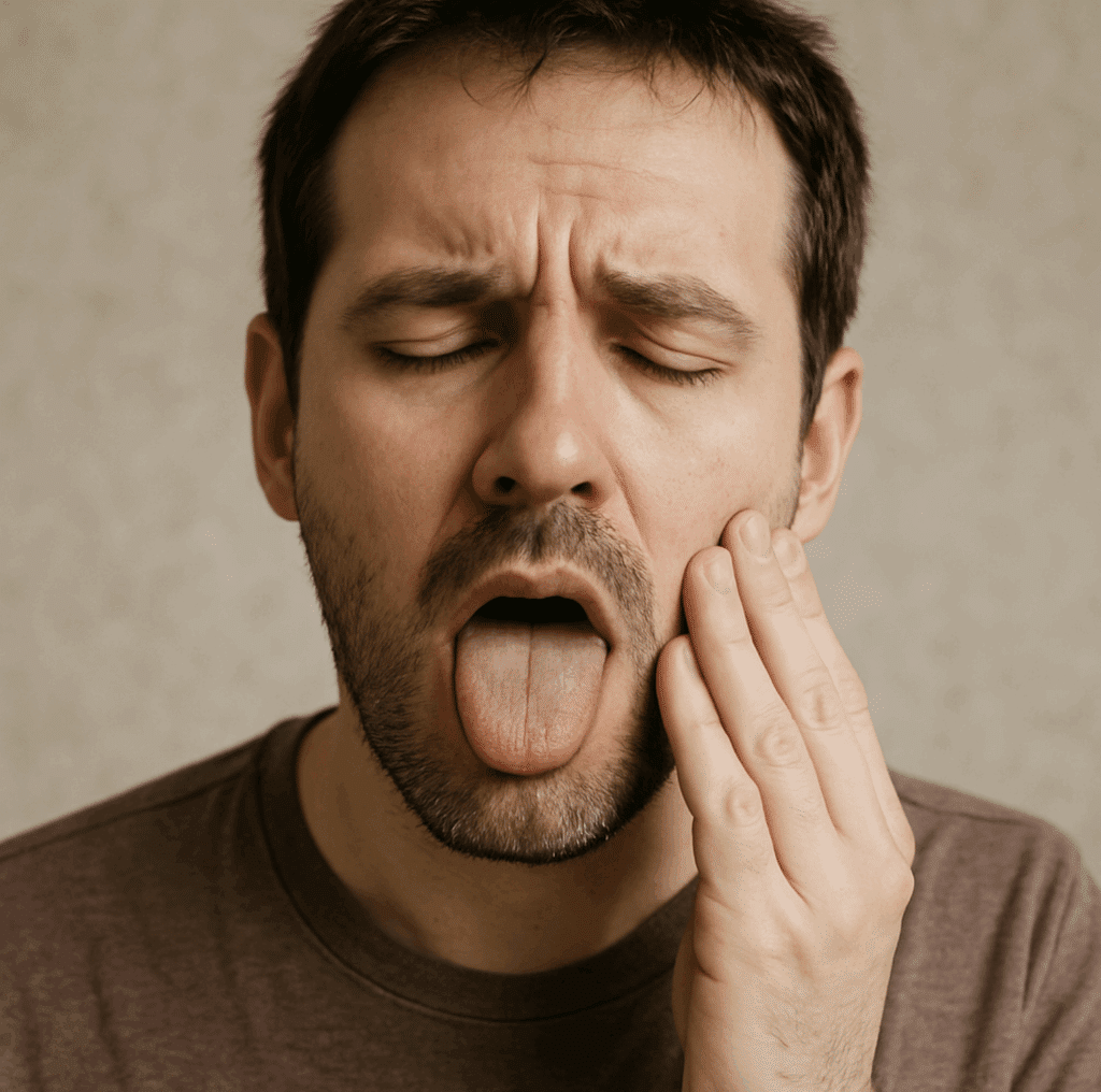Man experiencing dry mouth discomfort with tongue out and hand on cheek, showing a common side effect of heroin use.