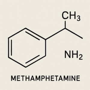Chemical structure diagram of methamphetamine, highlighting its molecular components: a benzene ring, a methyl group (CH₃), and an amine group (NH₂).