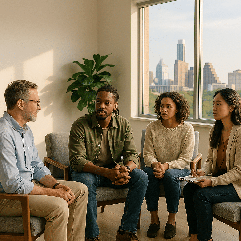 Group therapy session at a luxury drug rehab center in Austin with diverse participants in discussion during outpatient mental health treatment.