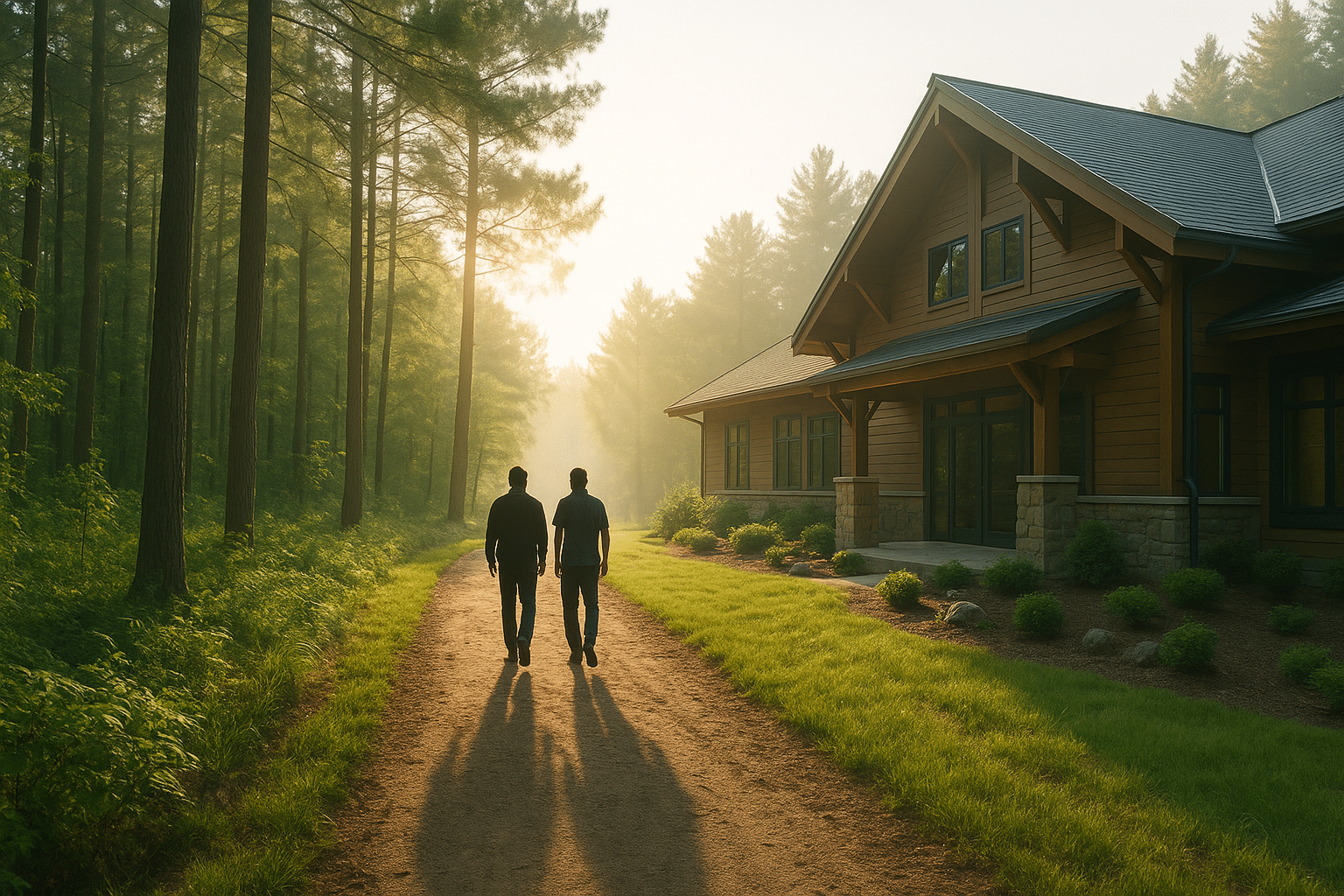 Men’s rehab—morning trail leading to a lodge-style recovery center, symbolizing structured progress, mentorship, and calm focus.