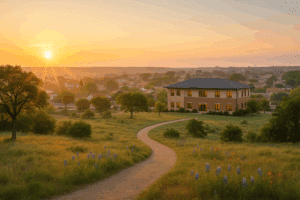 Texas rehab landscape at sunrise with treatment center in the Hill Country—hopeful path to recovery, evidence‑based addiction treatment programs
